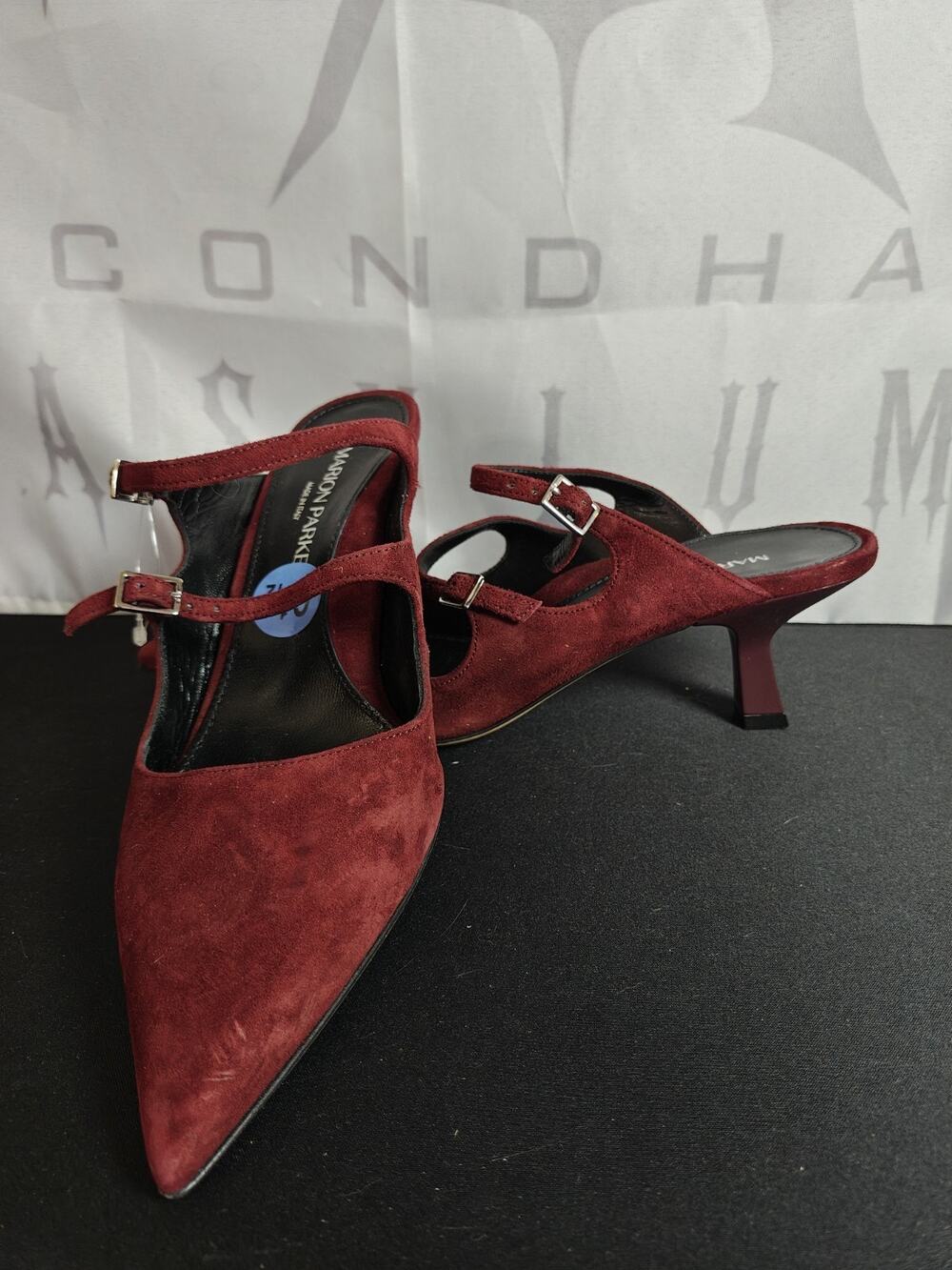 MARION PARKE Women's 37 (7) burgundy suede double-strap kitten heels New Blems